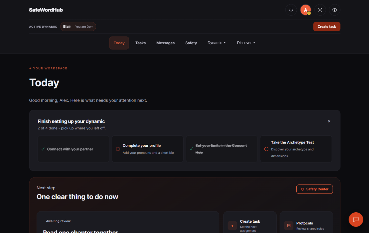 The SafeWordHub dashboard, showing today's focus and next steps